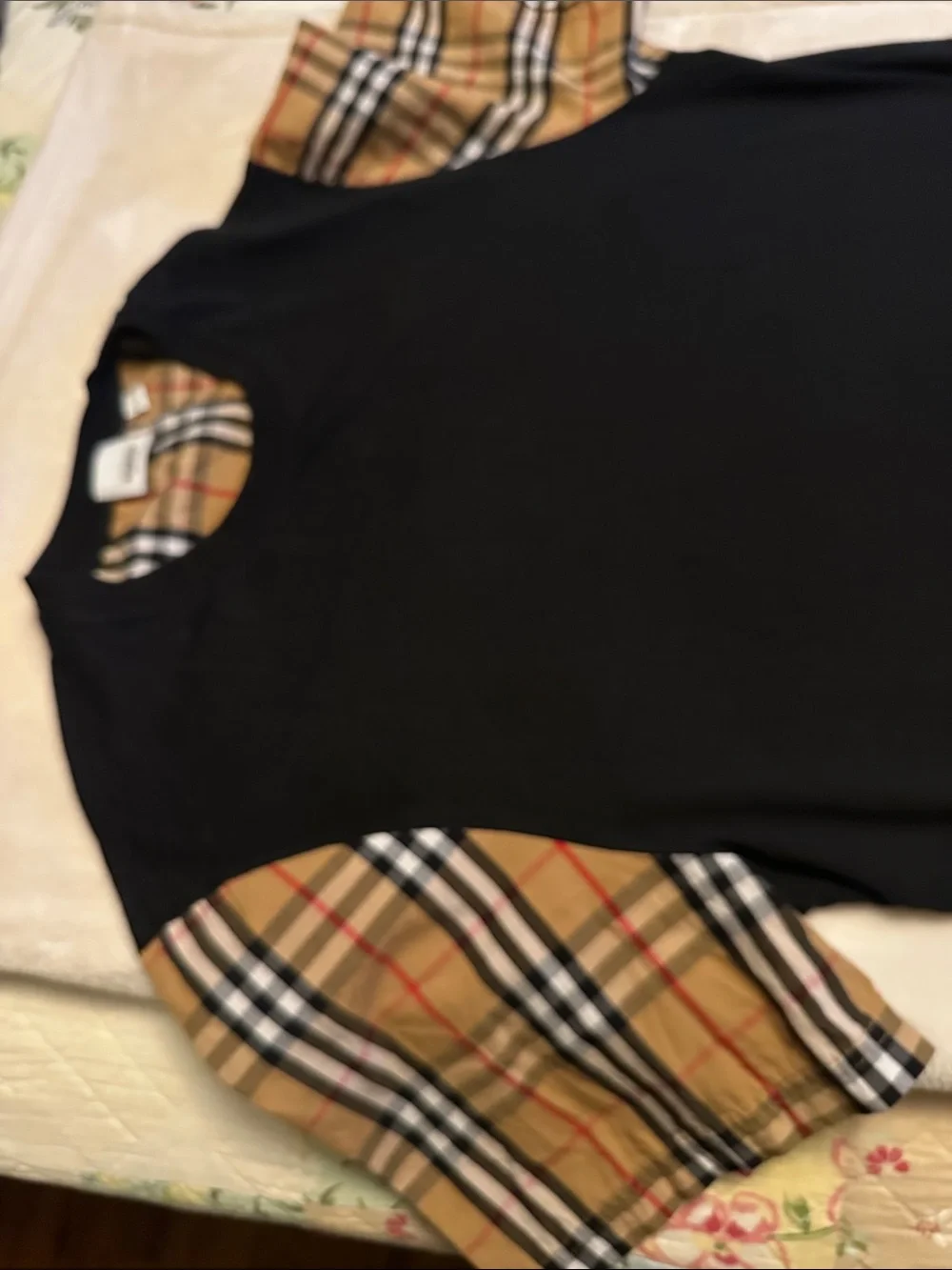Burberry Black Tee with Tan Plaid Sleeves